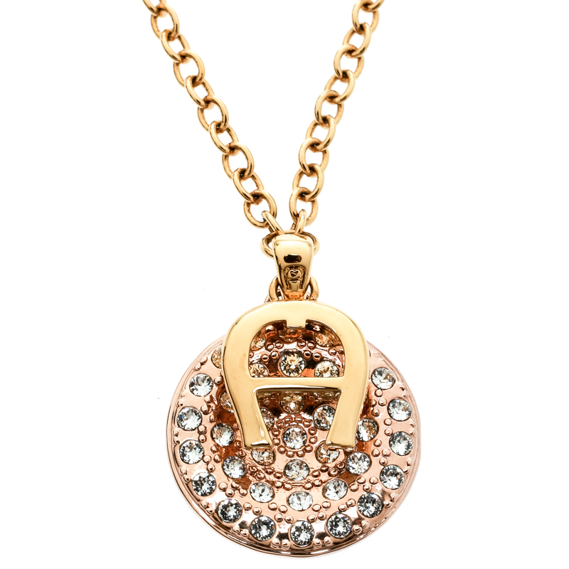 Aigner Logo Crystal Two Tone Metal Pendant Necklace