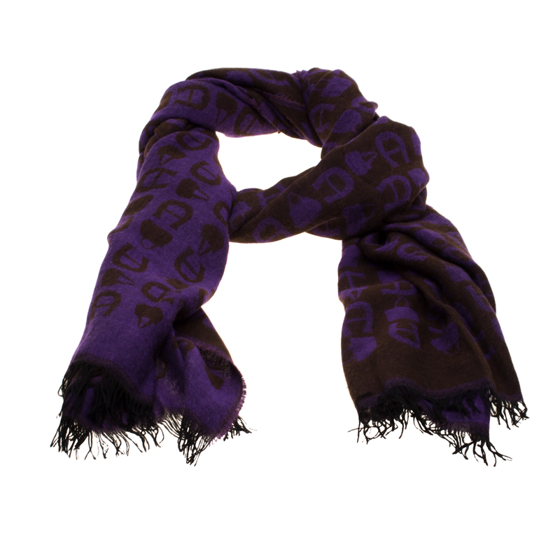 

Aigner Brown and Purple Horseshoe Logo and Bag Pattern Jacquard Fringed Scarf