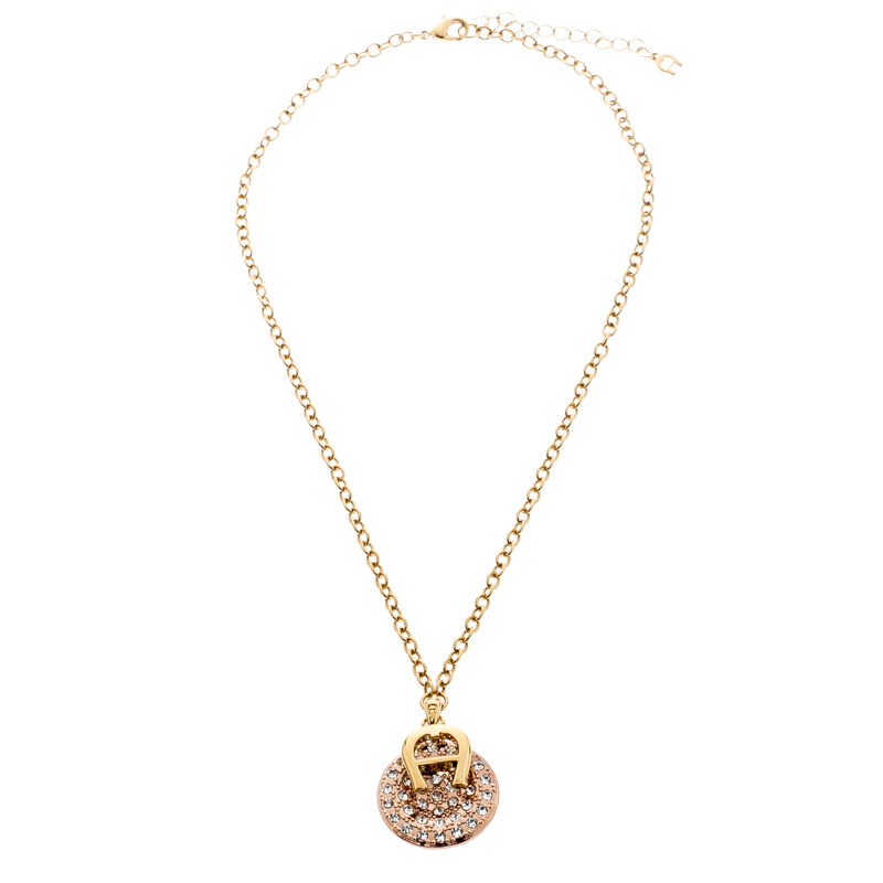 

Aigner Two Tone Metal Monogram Logo Crystal Embedded Pendant Necklace, Gold