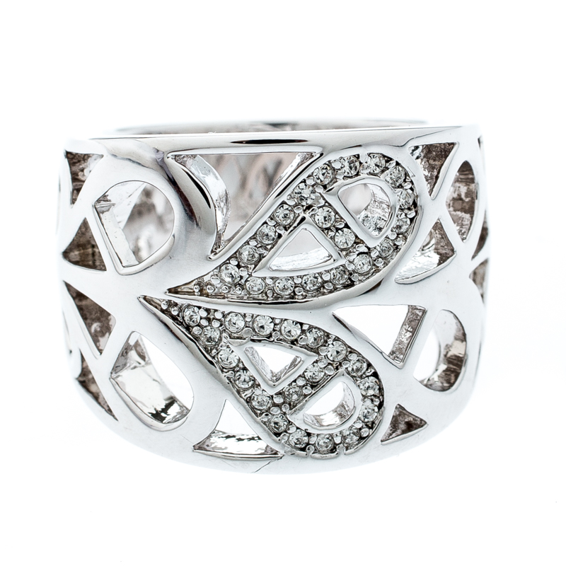 

Aigner Silver Tone Crystal Studded Logo Band Ring Size