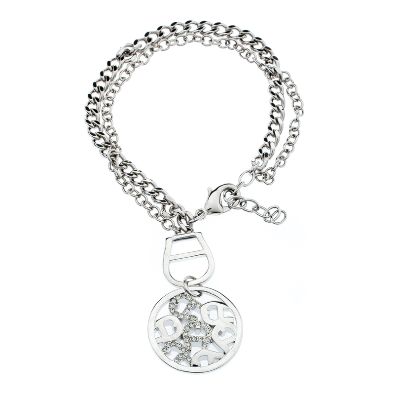Pre Owned Aigner Silver Plated Circular Crystal Embellished Logo Double Chain Bracelet