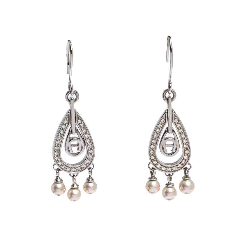 Pre Owned Aigner Silver Tone Faux Pearl Crystal Embellished Hoop Earrings