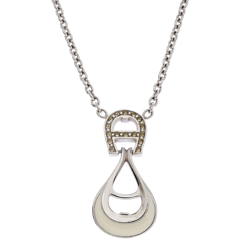 Aigner Crystal Studded Logo Rhodium Plated Necklace