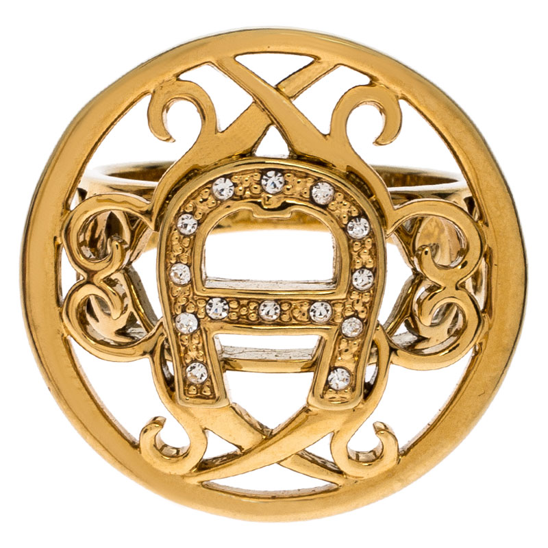 

Aigner Gold Tone Crystal Embellished Logo Ring Size