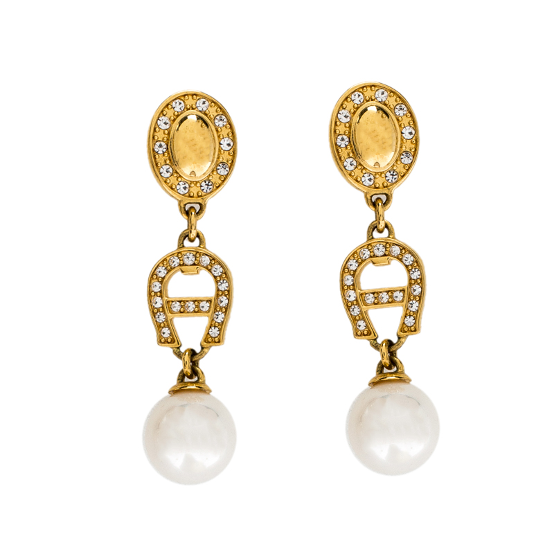 Pre Owned Aigner Crystal Faux Pearl Gold Tone Drop Earrings