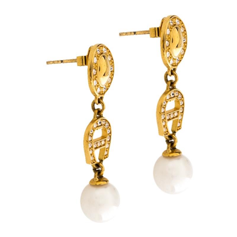 

Aigner Crystal Faux Pearl Gold Tone Drop Earrings