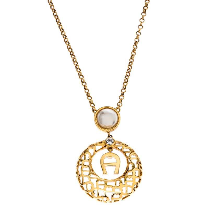 Pre Owned Aigner Faux Pearl Crystal Textured Gold Tone Pendant Necklace