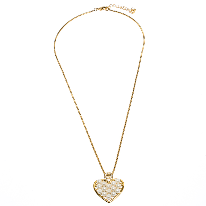 

Aigner Faux Pearl Crystal Heart Gold Tone Pendant Necklace