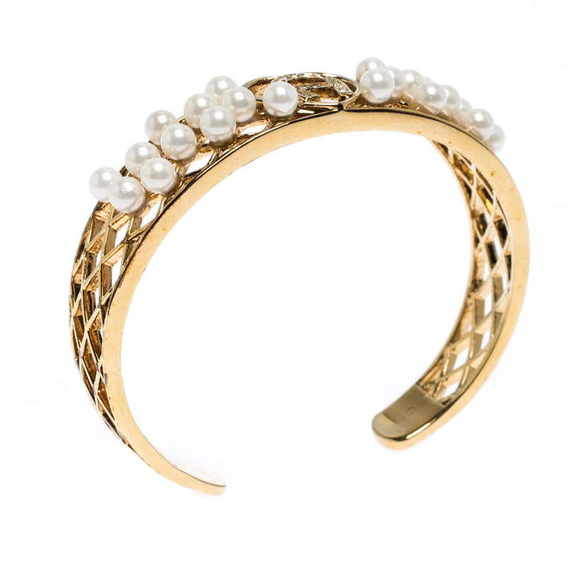 

Aigner Faux Pearl Crystal Gold Tone Open Cuff Bracelet