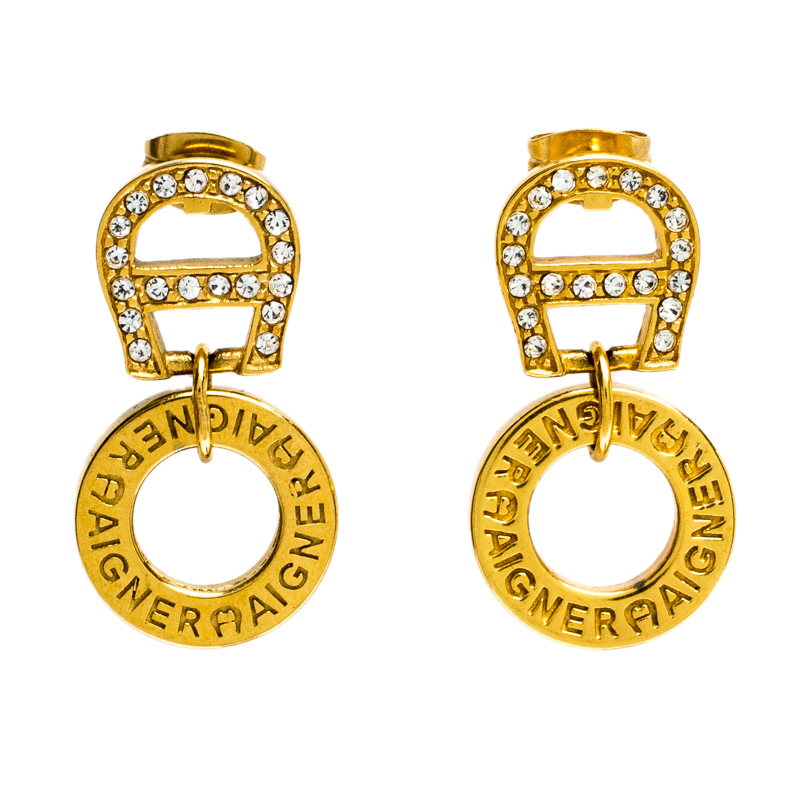 Pre Owned Aigner Crystal Studded Logo Gold Tone Drop Earrings