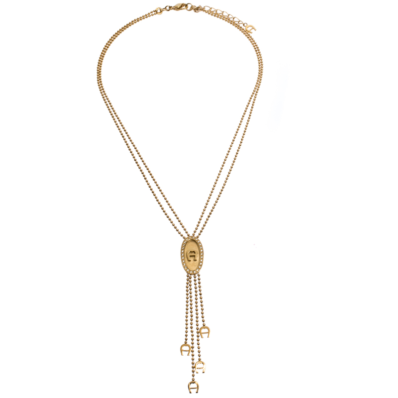 

Aigner Gold Plated Crystal Paved Logo Charm Tasseled Necklace