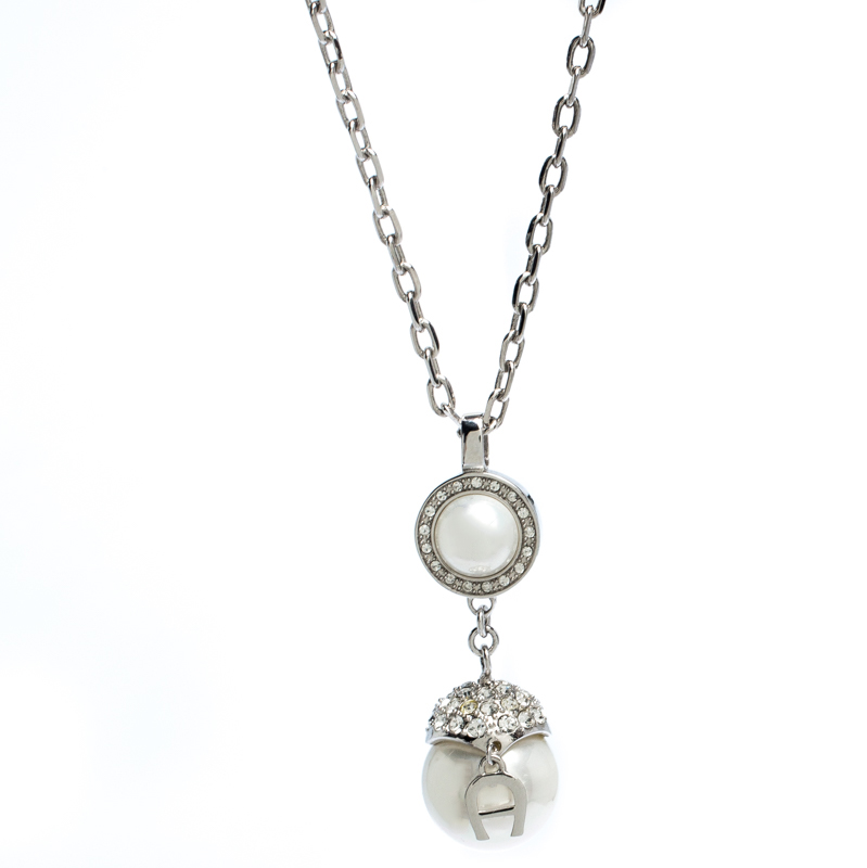 Pre Owned Aigner Silver Plated Crystal and Faux Pearl Pendant Necklace