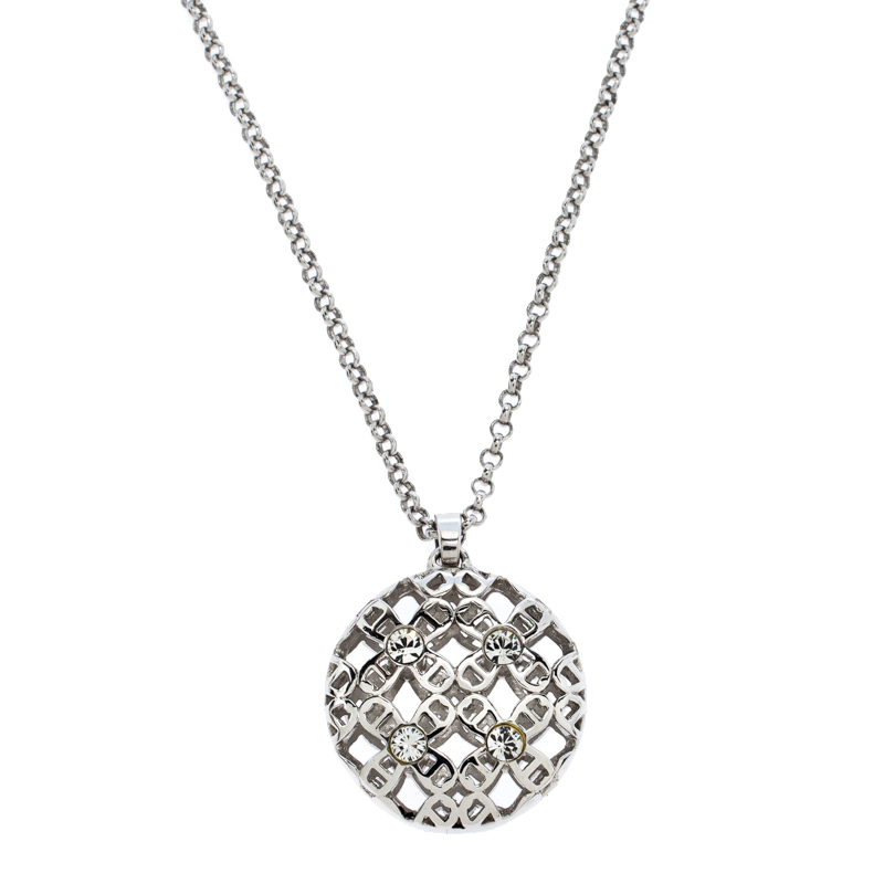 Pre Owned Aigner Silver Plated Crystal Logo Pendant Necklace