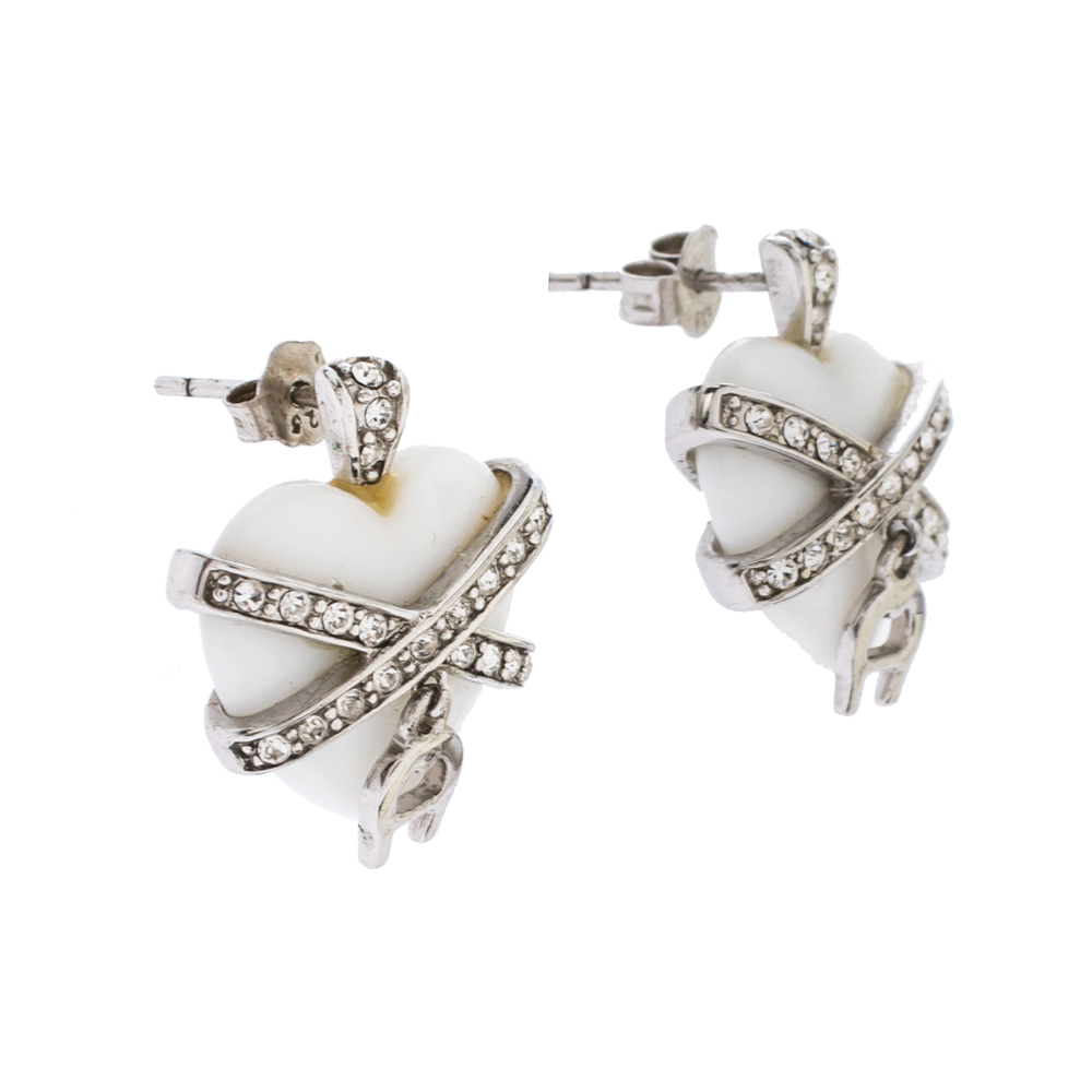 

Aigner Crystal Resin Heart Charm Silver Tone Earrings