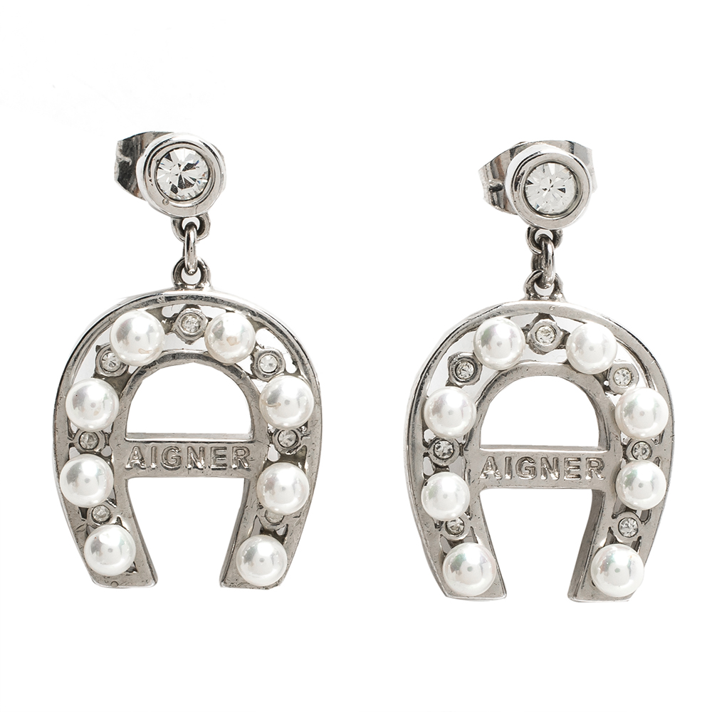 Pre Owned Aigner Crystal Faux Pearl Silver Tone Drop Earrings