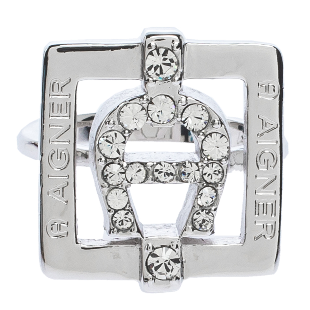 

Aigner Crystal Studded Silver Tone Square Ring Size