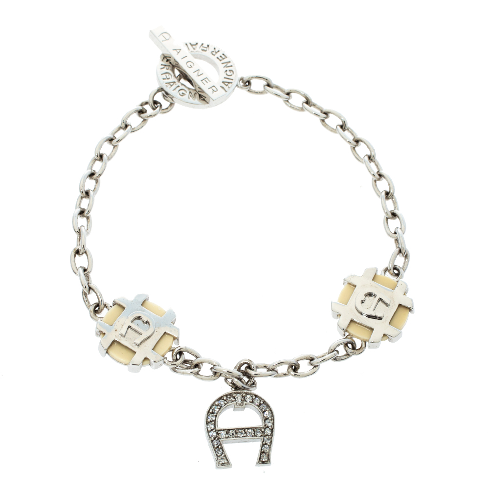 Aigner Crystal Resin Logo Charm Silver Tone Toggle Bracelet Shefinds