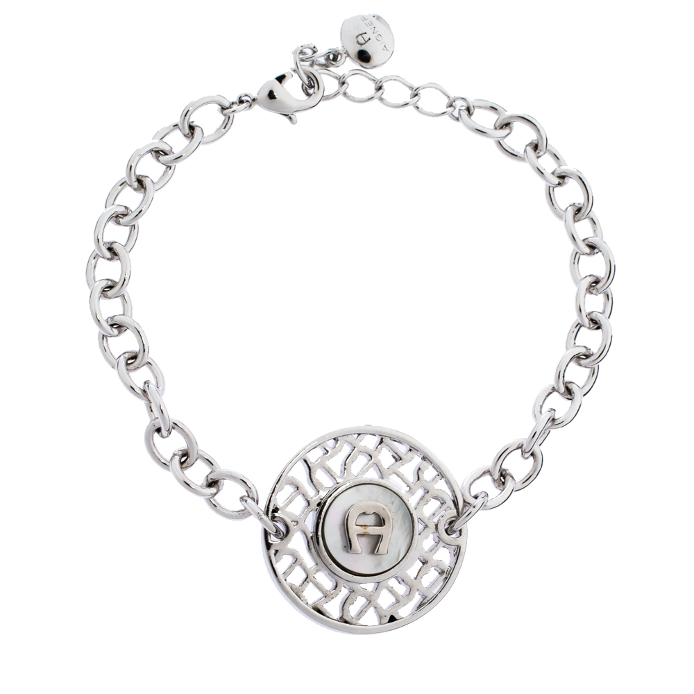 

Aigner Silver Tone Mother of Pearl Logo Bracelet