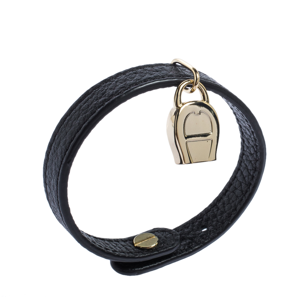 

Aigner Black Leather Gold Tone Logo Charm Bracelet