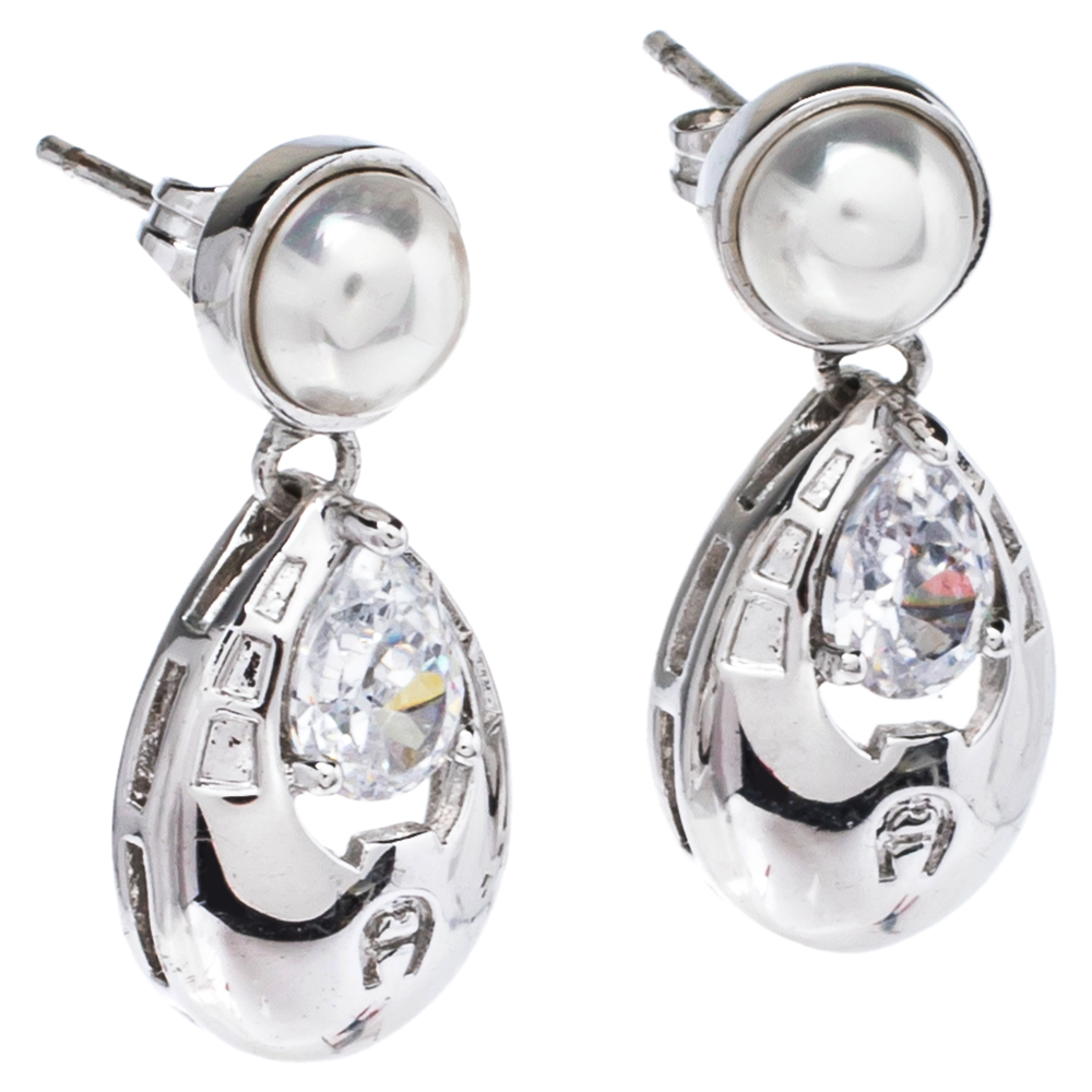 

Aigner Faux Pearl & Crystal Silver Tone Drop Earrings