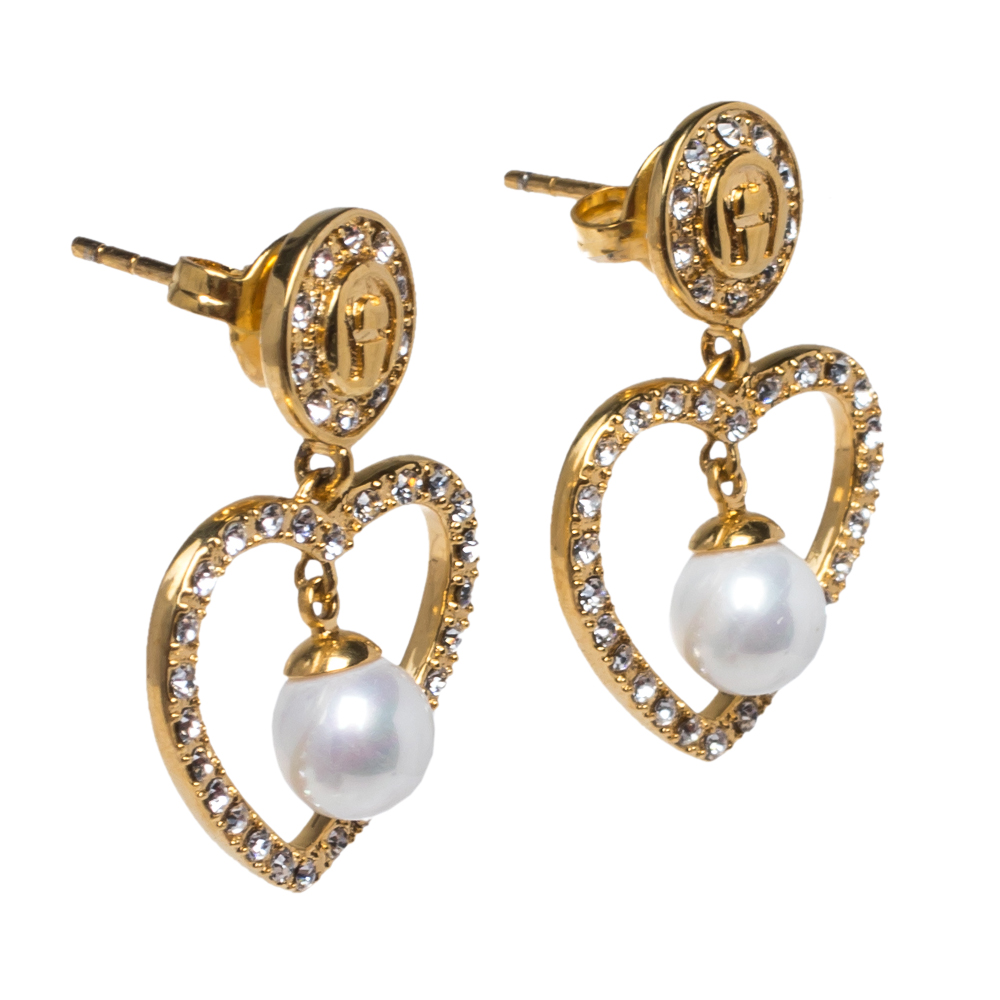 

Aigner Heart Faux Pearl Crystal Gold Tone Drop Earrings
