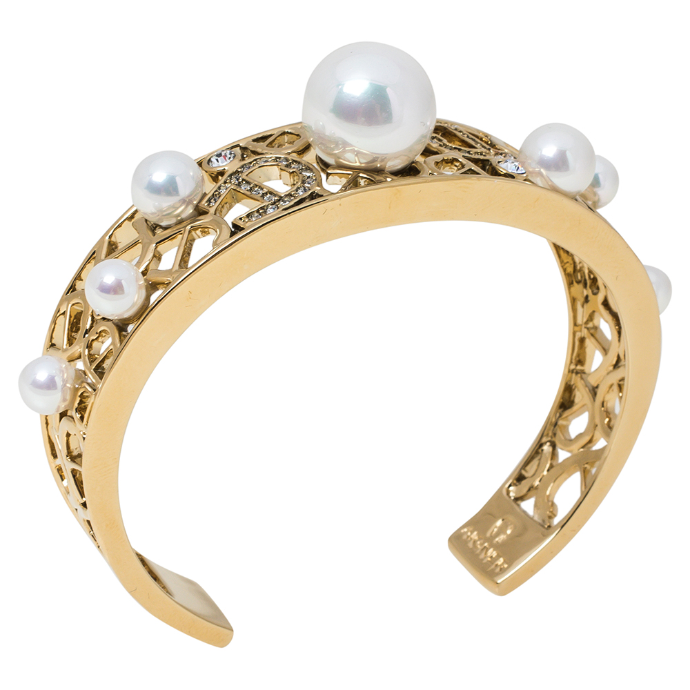 

Aigner Faux Pearl Crystal Gold Tone Open Cuff Bracelet