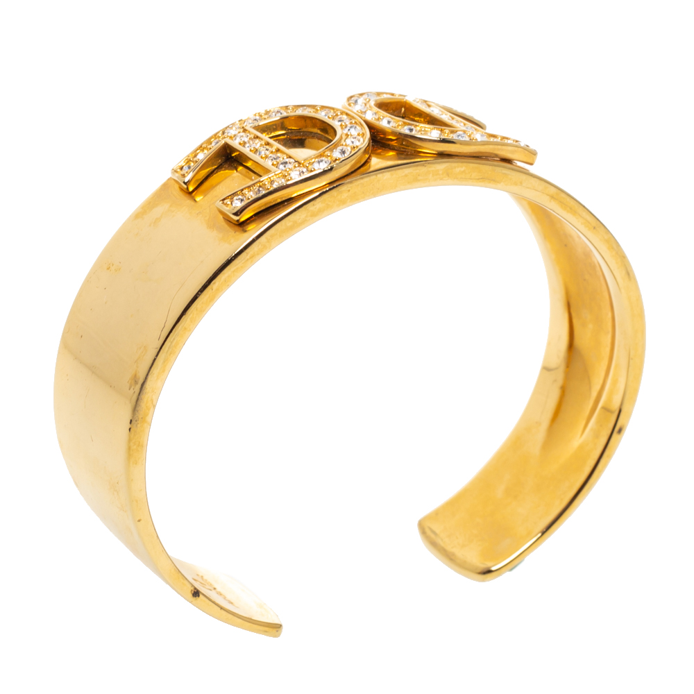 

Aigner Crystal Studded Logo Gold Tone open Cuff Bracelet