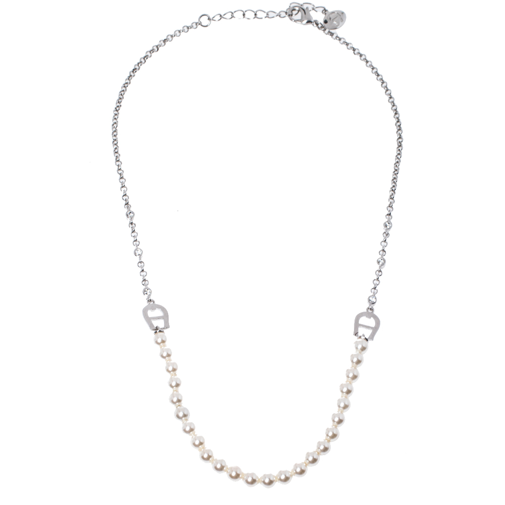 

Aigner Crystal & Faux Pearl Silver Tone Necklace