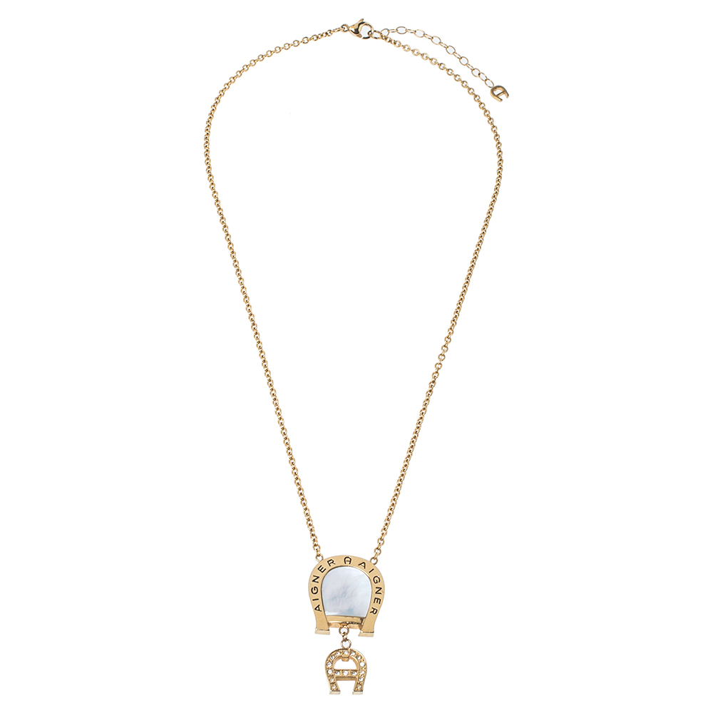 

Aigner Mother of Pearl Pendant Crystal Logo Drop Necklace, Gold