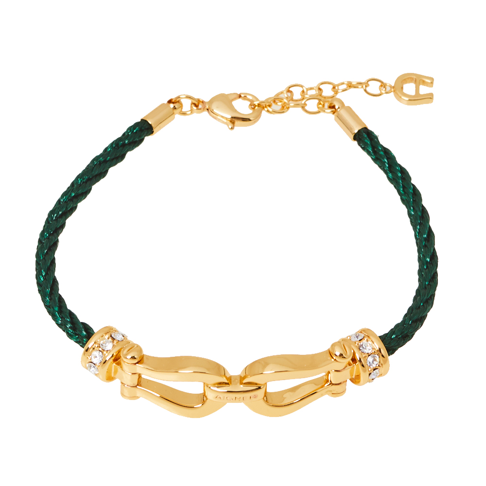 

Aigner A Logo Crystal Gold Tone Silk Cord Bracelet