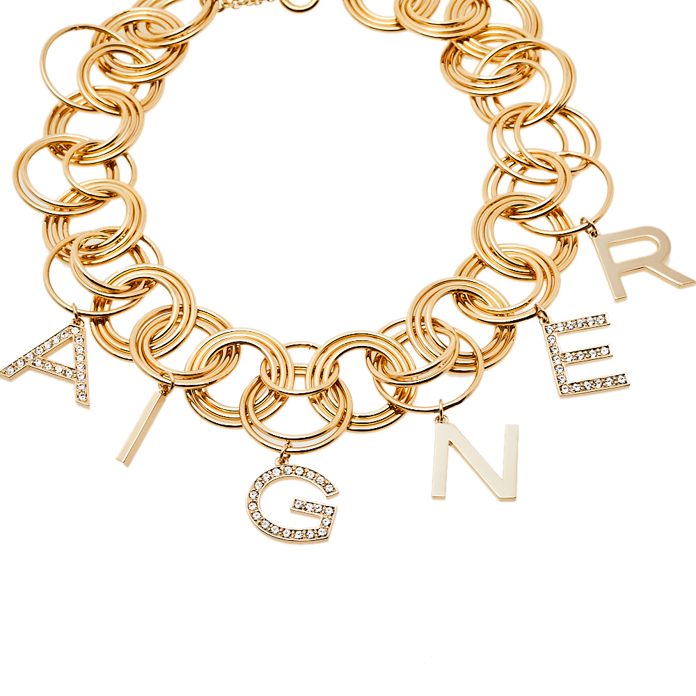 

Aigner Gold Tone Crystal Logo Charm Choker Necklace