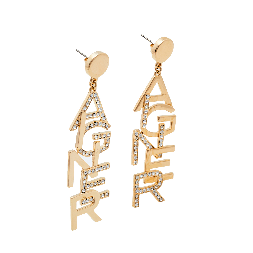 

Aigner Gold Tone Crystal Logo Drop Earrings