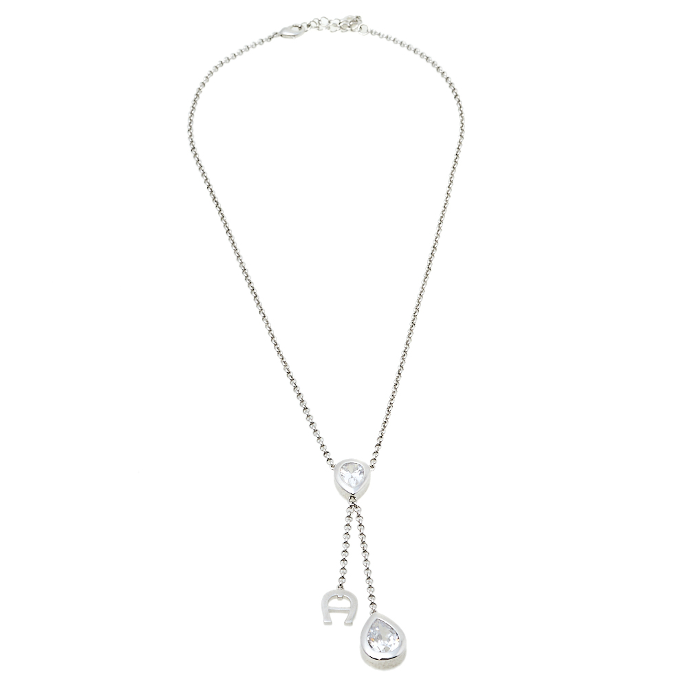 

Aigner Crystal Embellished Logo Pendant Silver Tone Necklace