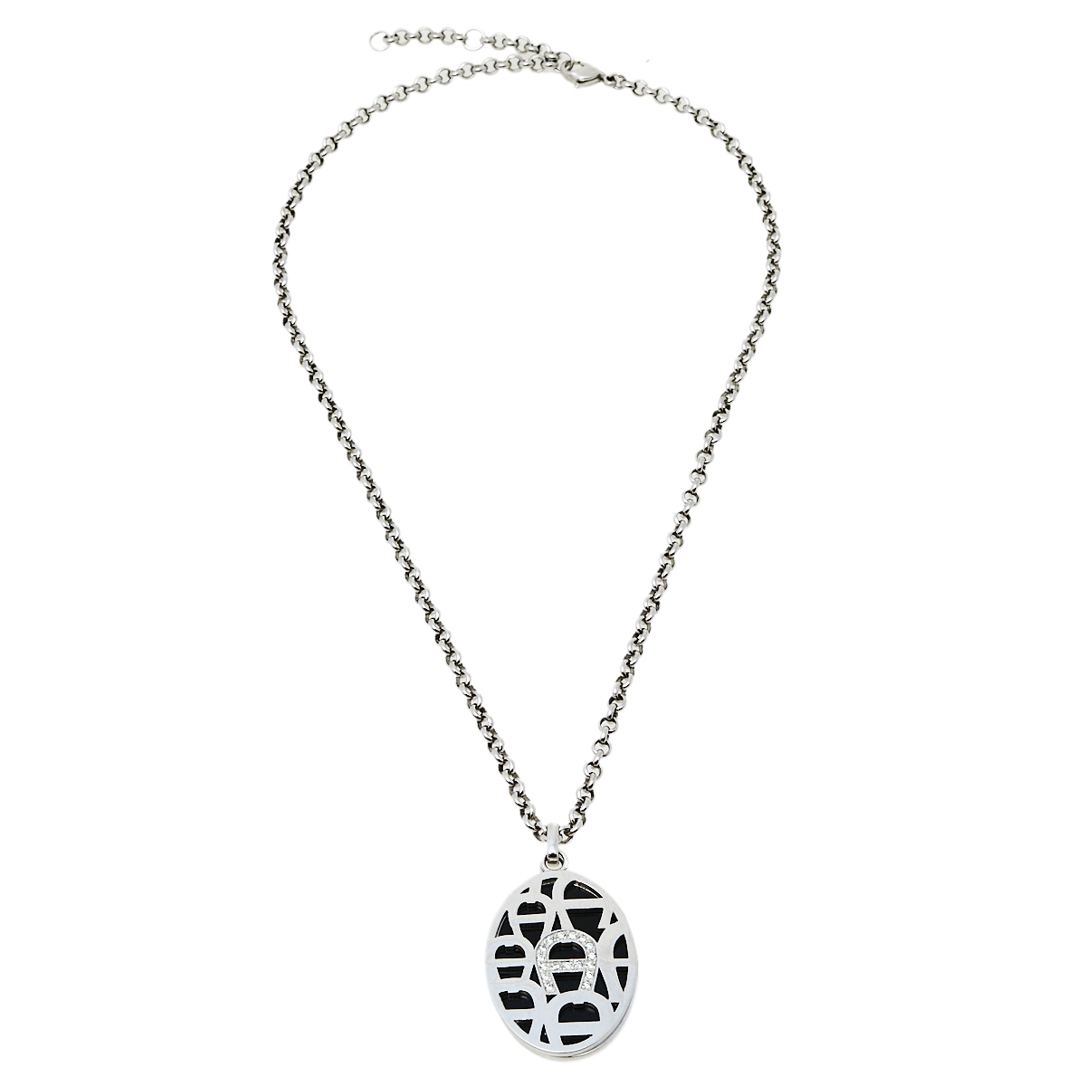 

Aigner Crystal Logo Double Pendant Silver Tone Chain Necklace