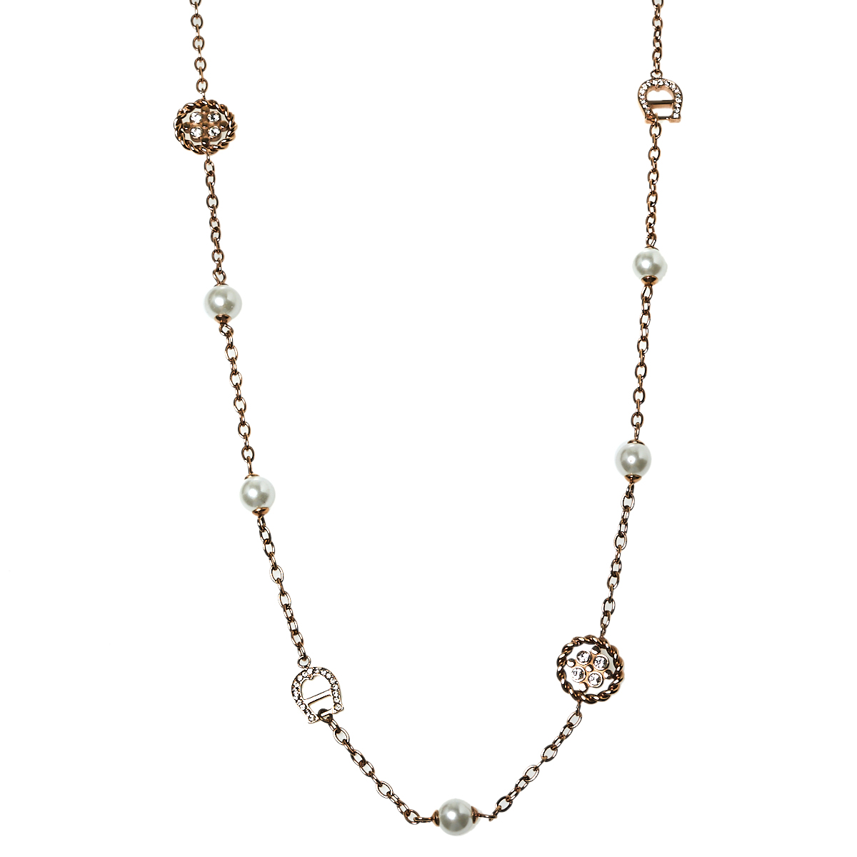 

Aigner Rose Gold Plated Crystal A-Logo & Pearls Chain Necklace