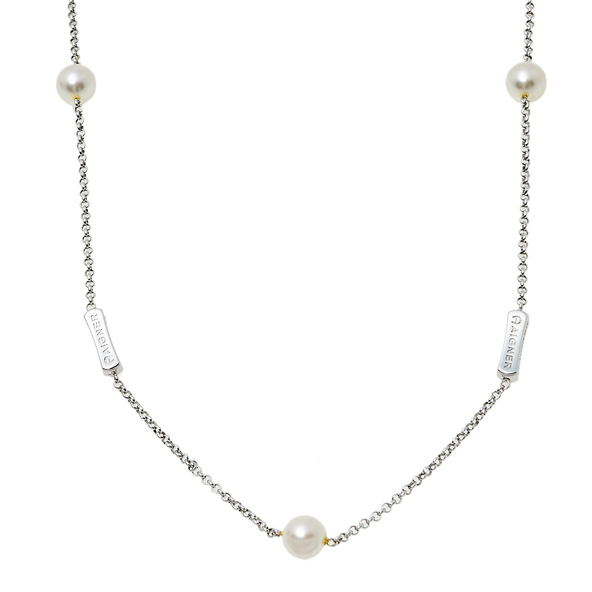 

Aigner Silver Tone Logo Bar & Pearl Station Necklace