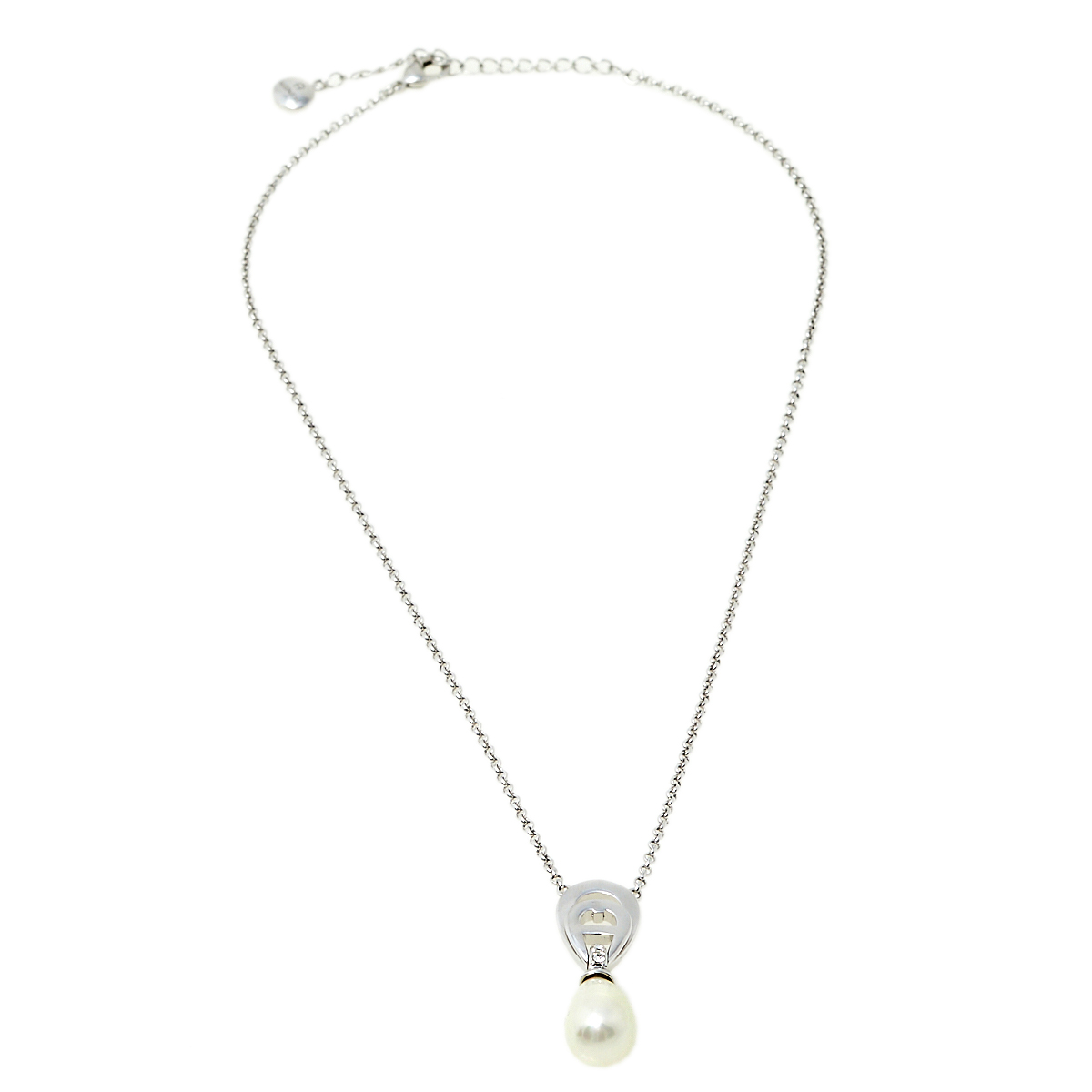 

Aigner A-Logo Pearl Crystal Silver Tone Pendant Necklace