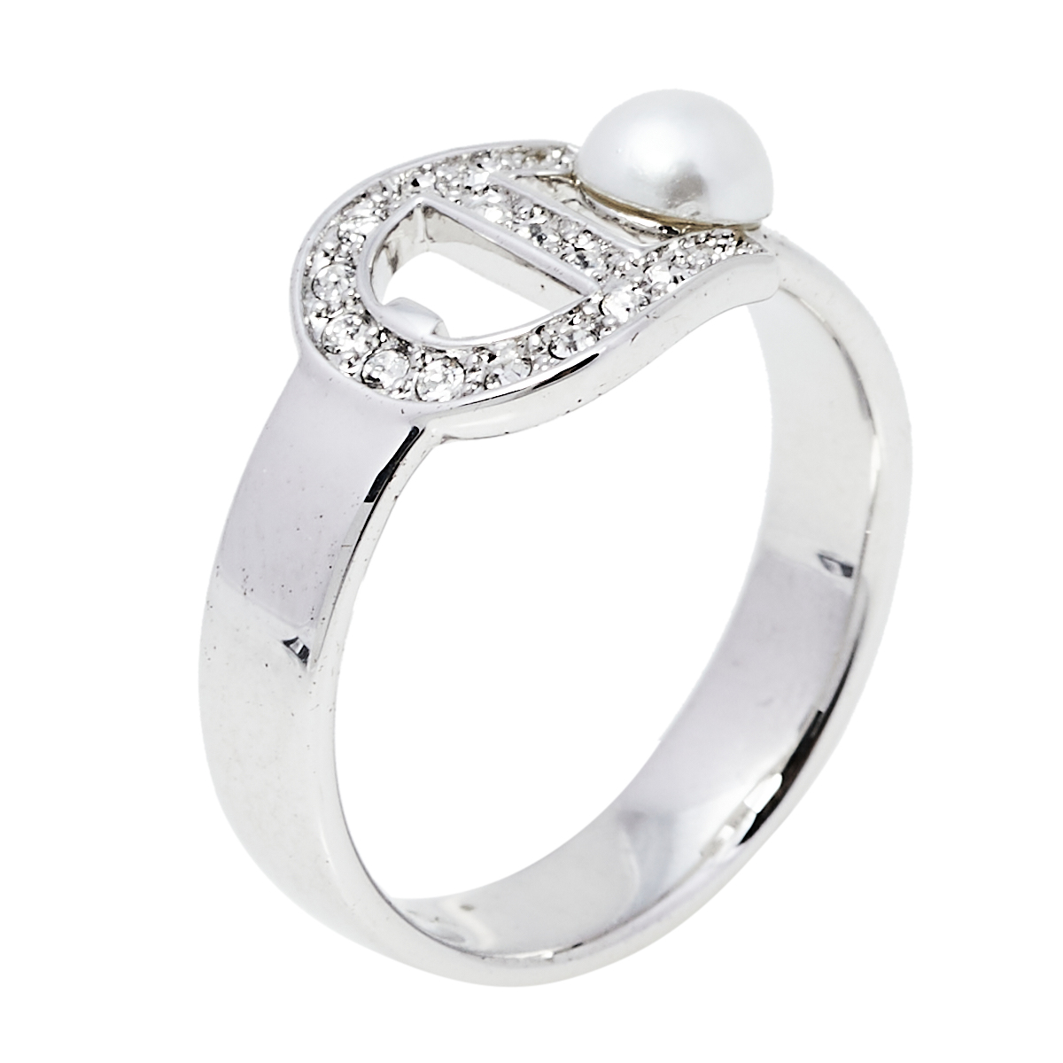 

Aigner Silver Tone Crystal Pearl Logo Ring Size EU 54