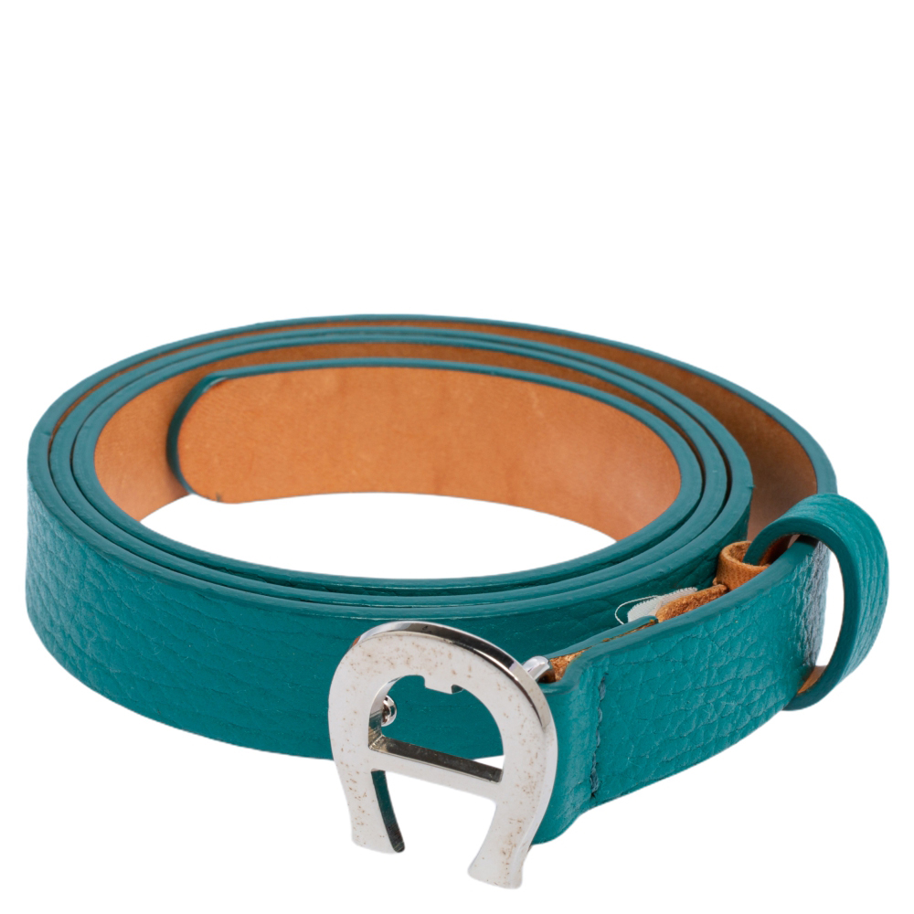 

Aigner Teal Green Leather Logo Buckle Waist Belt