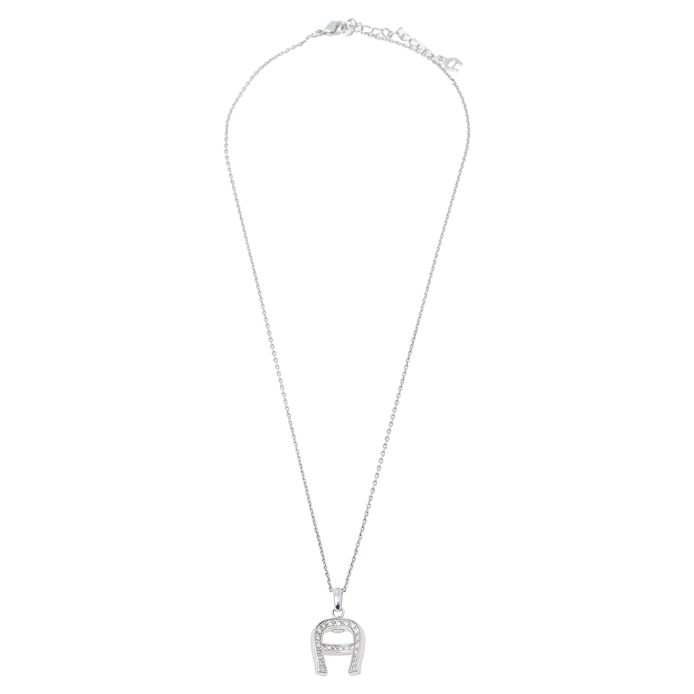 

Aigner Silver Tone Crystal Logo Pendant Necklace