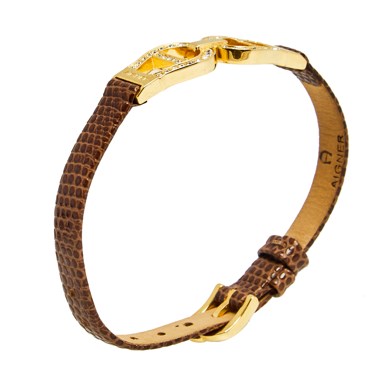 

Aigner Brown Lizard Embossed Leather Crystal Logo Wrap Bracelet