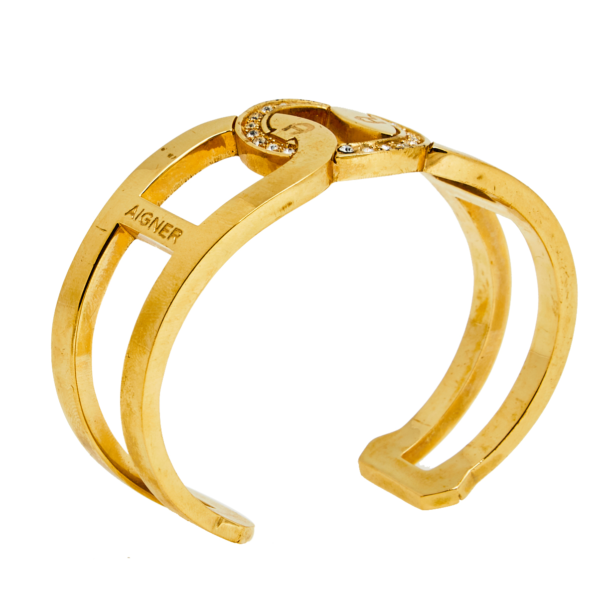

Aigner Crystal Studded Logo Gold Tone Open Cuff Bracelet