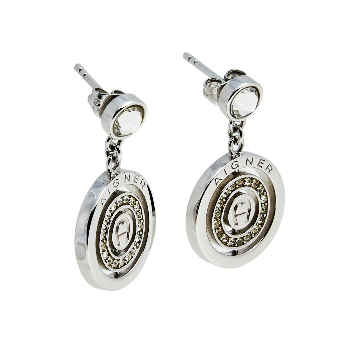 

Aigner Silver Tone Crystal Logo Drop Earrings