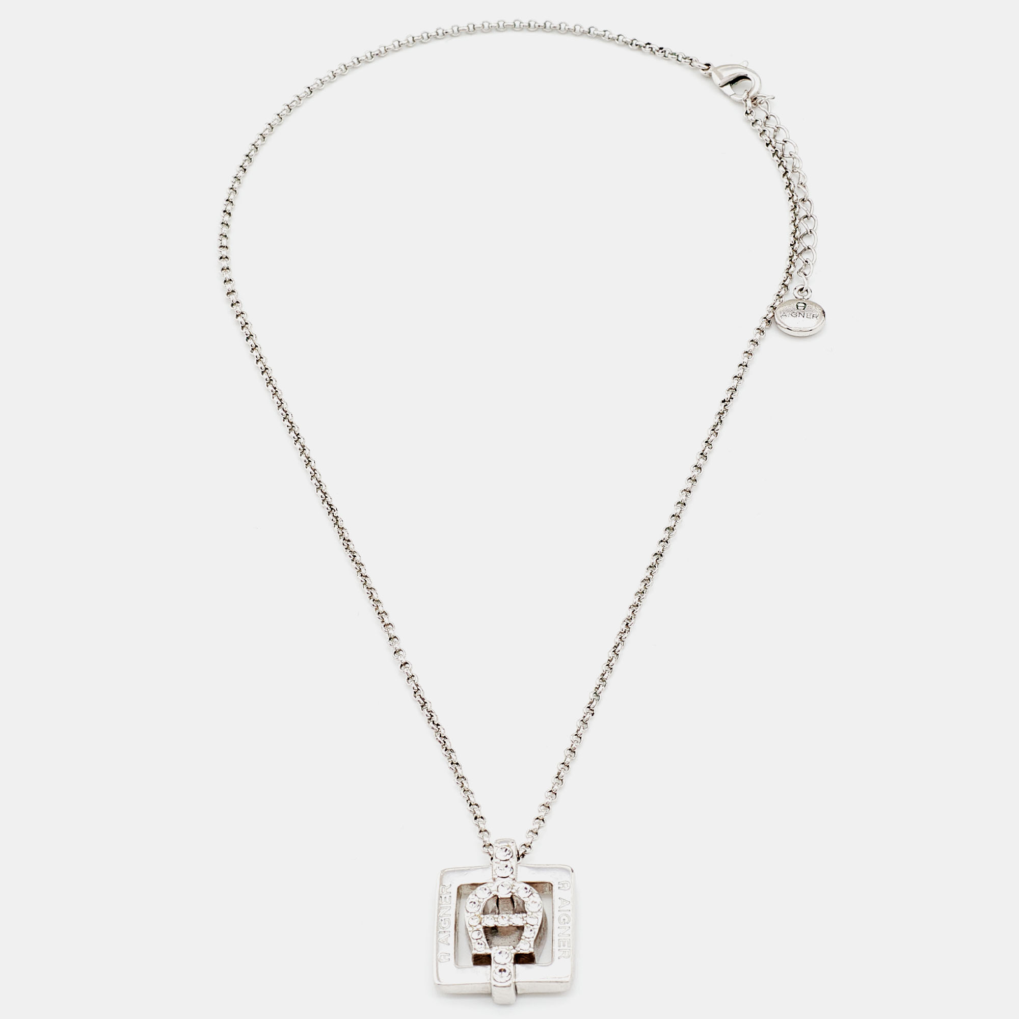 

Aigner Crystal Studded Silver Tone Square Pendant Necklace