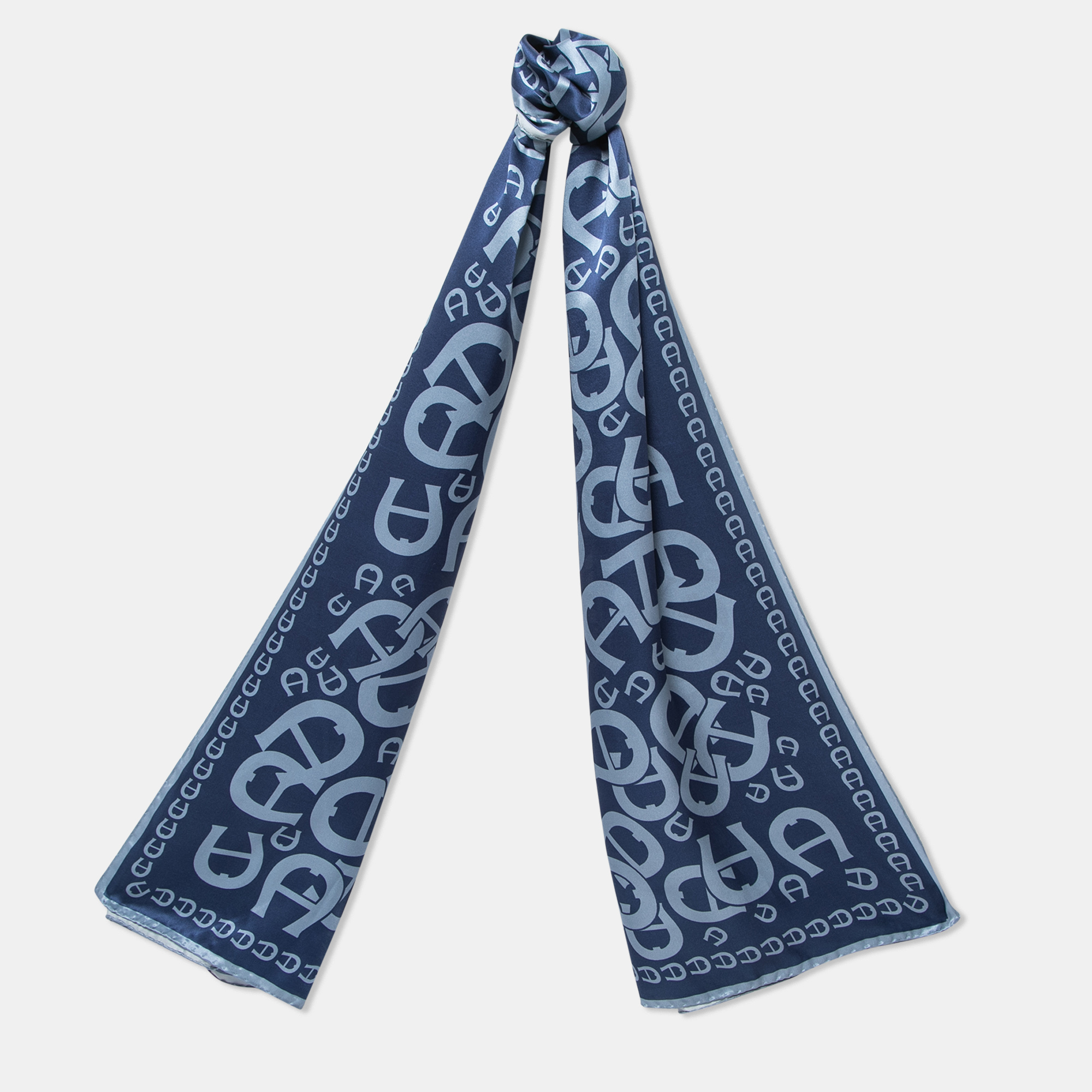 

Aigner Blue Logo Print Satin Silk Scarf