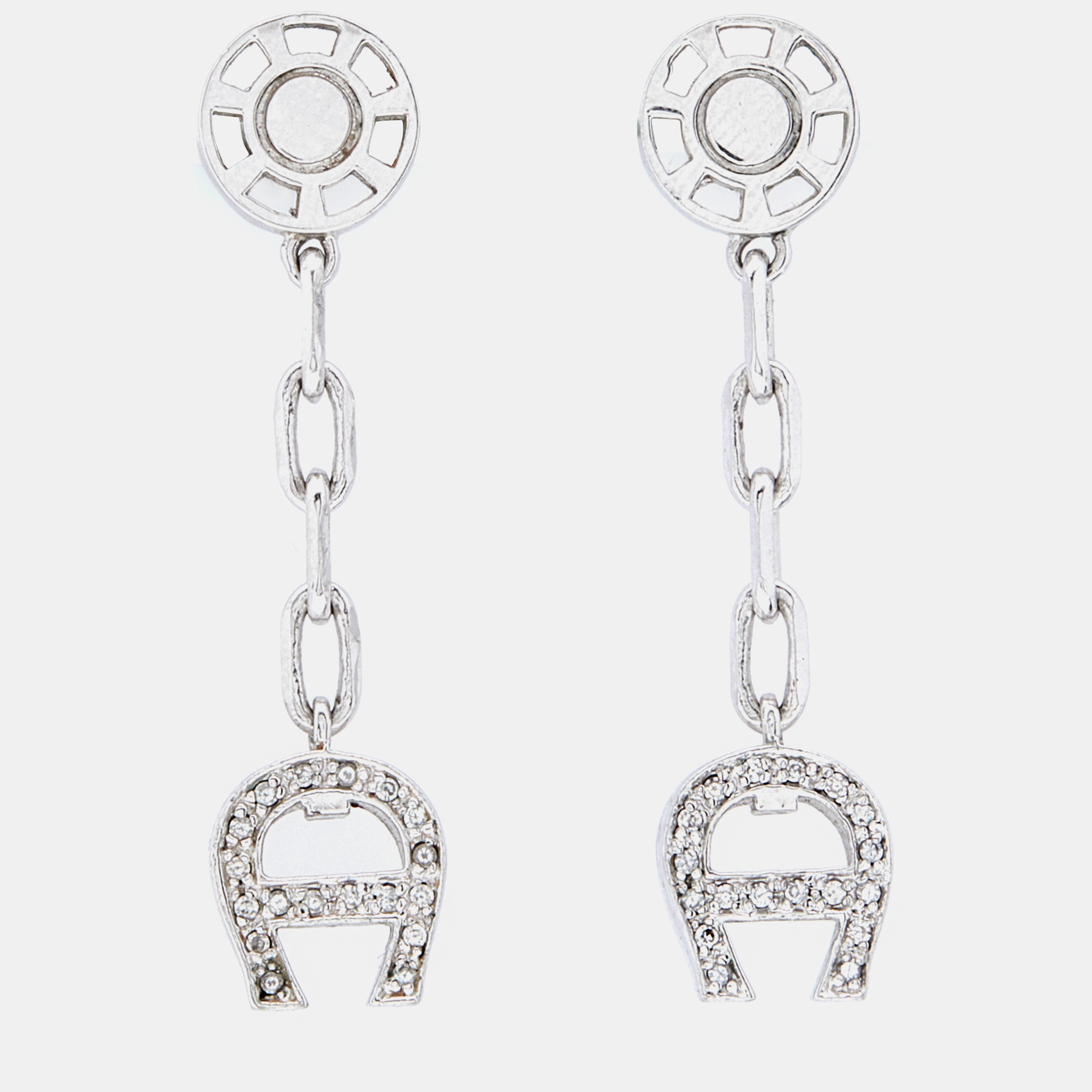 

Aigner Silver Tone Crystal Logo Drop Earrings