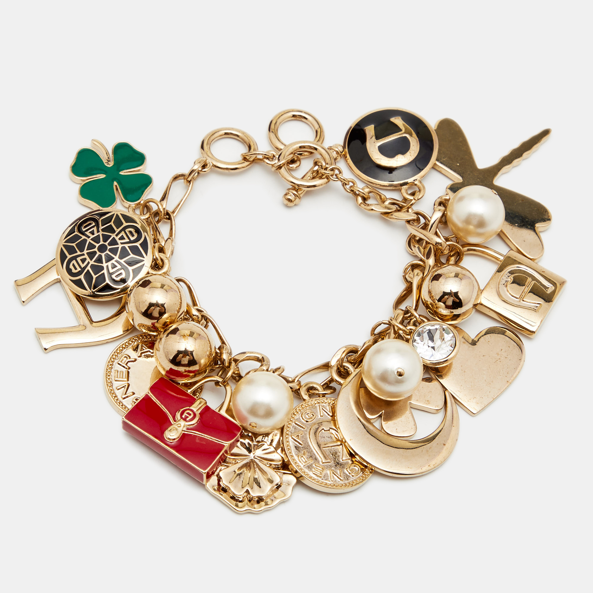 Pre Owned Aigner Enamel Crystal Gold Tone Metal Charm Bracelet