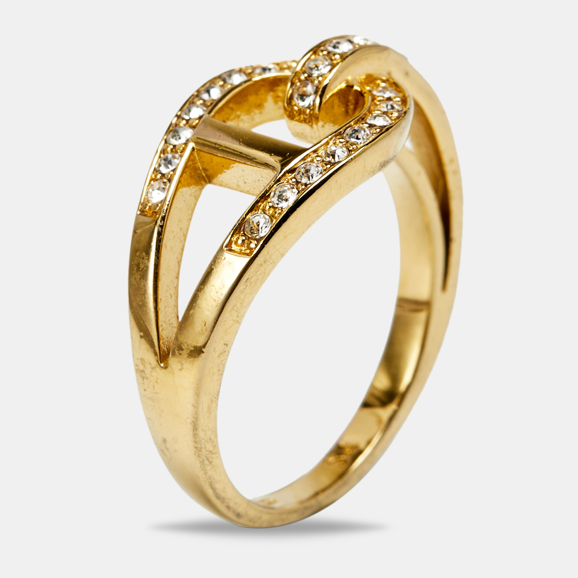 

Aigner Gold Tone Crystal Embellished Logo Ring Size EU 54