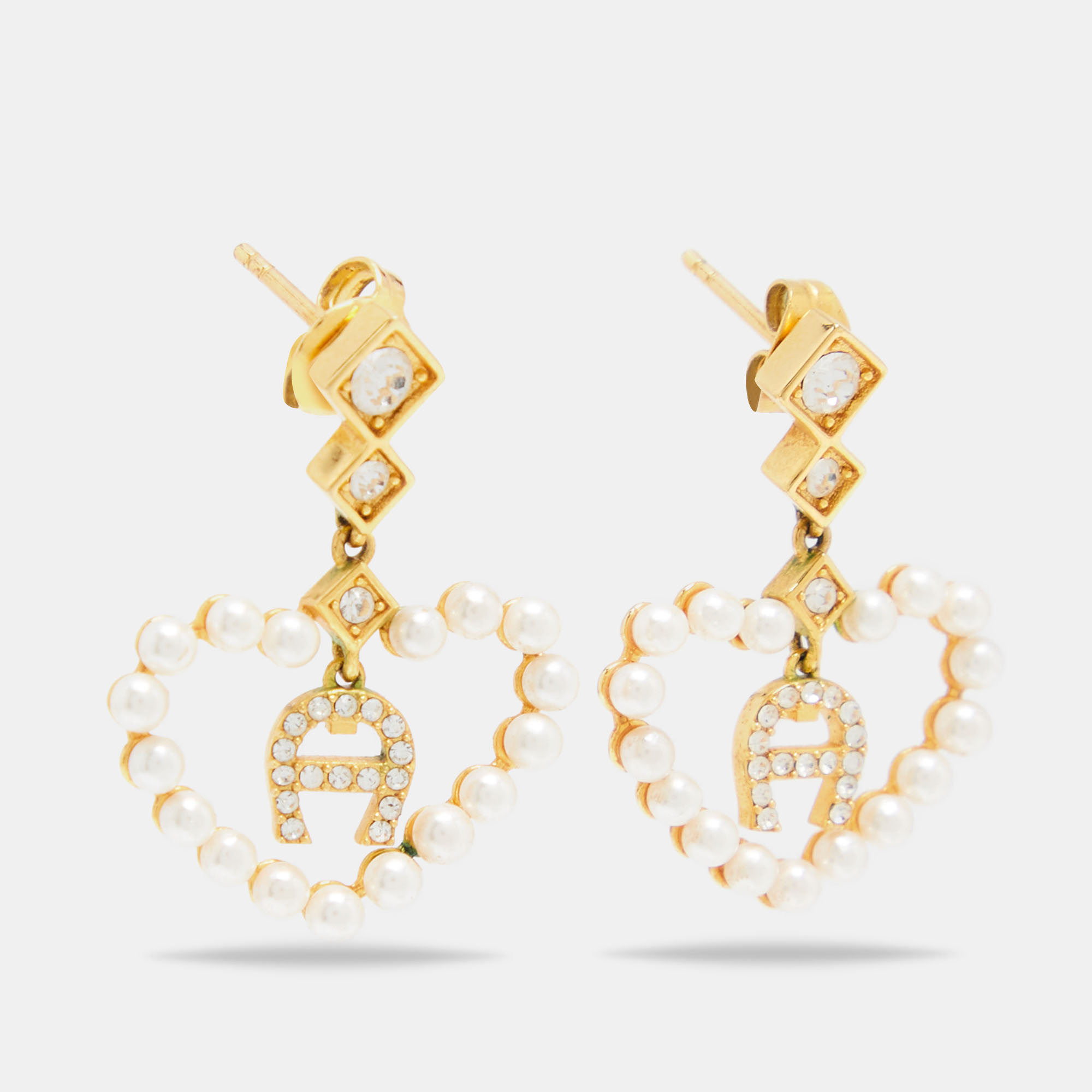 

Aigner Faux Pearl Heart Crystal Gold Tone Drop Earrings
