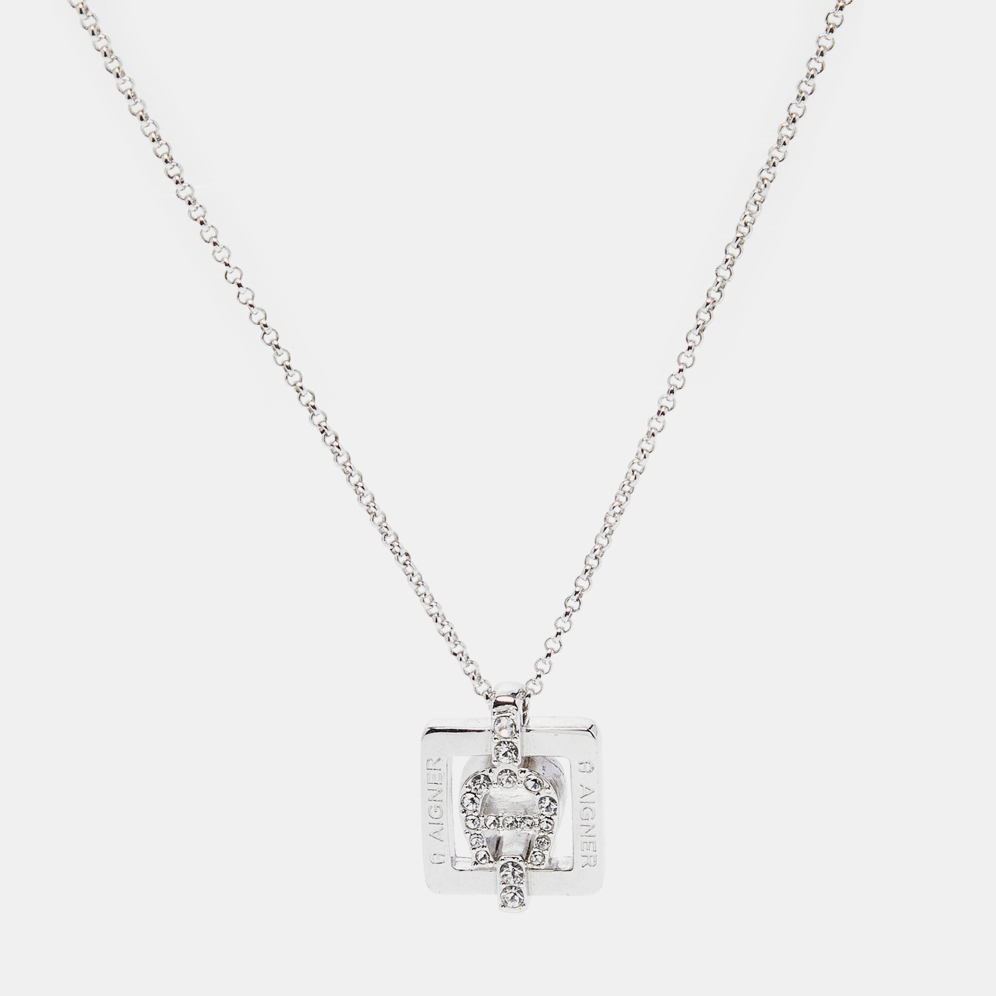 Pre-owned Aigner Silver Tone Square Crystal Logo Pendant Necklace